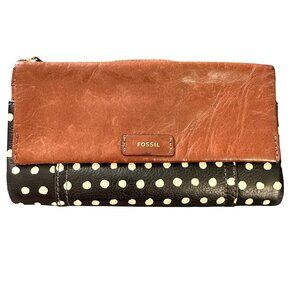 Fossil Vintage Wallet “Sydney” Brown Leather Retro Black White Polka Dot Trifold
